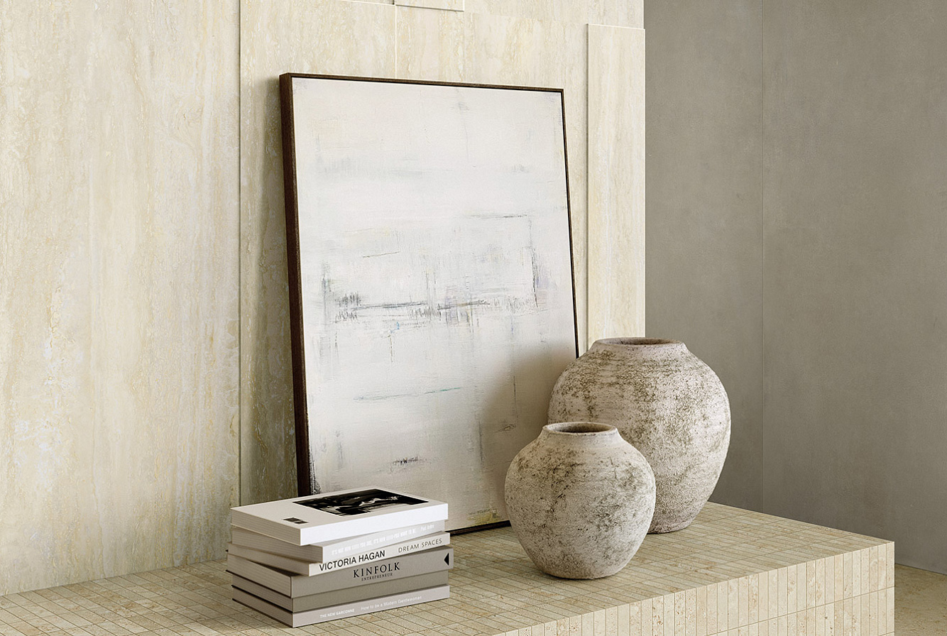 I TRAVERTINI BIANCO DECORO RILIEVO 3D / BEIGE CROSS CUT / BIANCO MURETTO